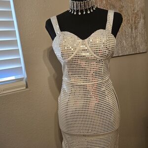 White Sequin Grid Bodycon Dress